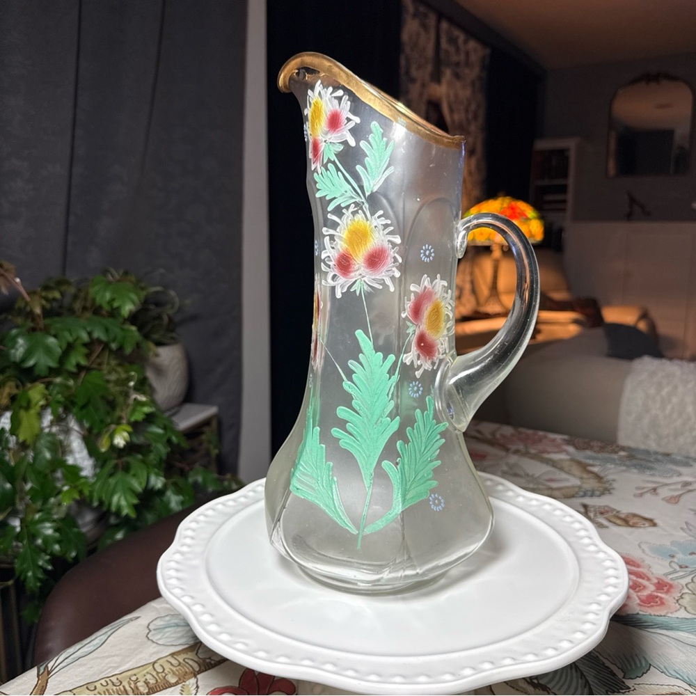 Antique Victorian Art Nouveau Art Glass Pitcher Panelled Satin Floral Gilt Rim